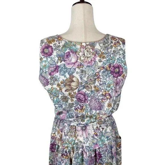 Vintage New Looks Granny floral wide strap belted sundress womens*16 Modest Boho - Picture 7 of 14